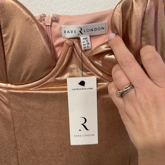 Rare London Rose Gold Plunge Pencil Dress in High Shine 6 - Picture 4 of 7